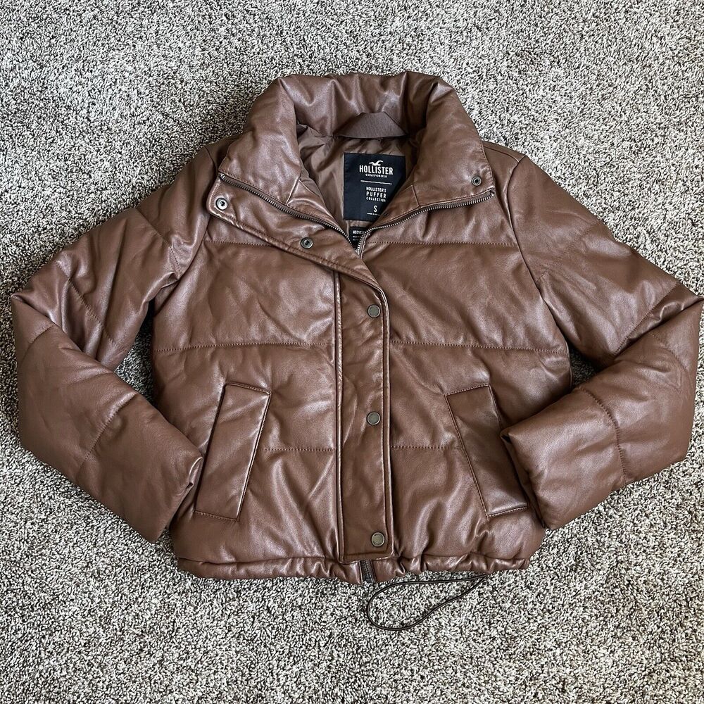 Women’s HOLLISTER Puffer Collection SIZE S Coat Brown Faux Leather